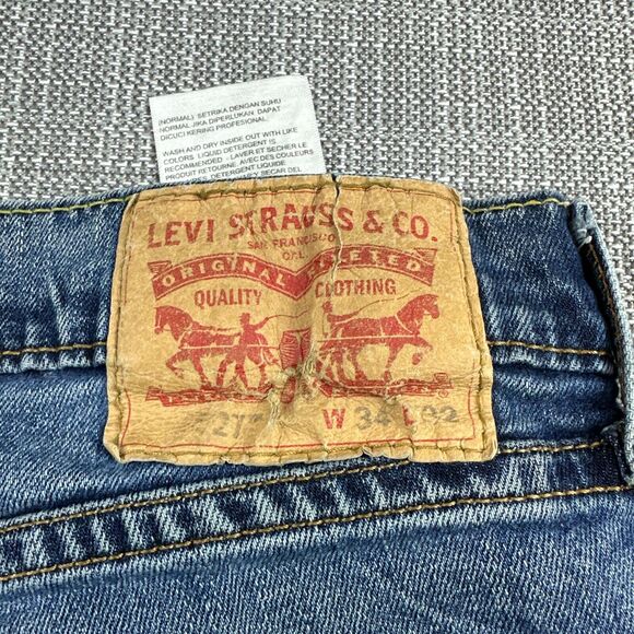 Levis 527 Jeans Mens 34x32 Straight Blue Denim Whiskering Distressed Stretch - Picture 2 of 14